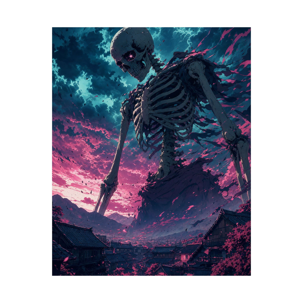 Giant Skeleton Looming Over Village - Anime Manga Art Print (Matte Poster) - Moikas