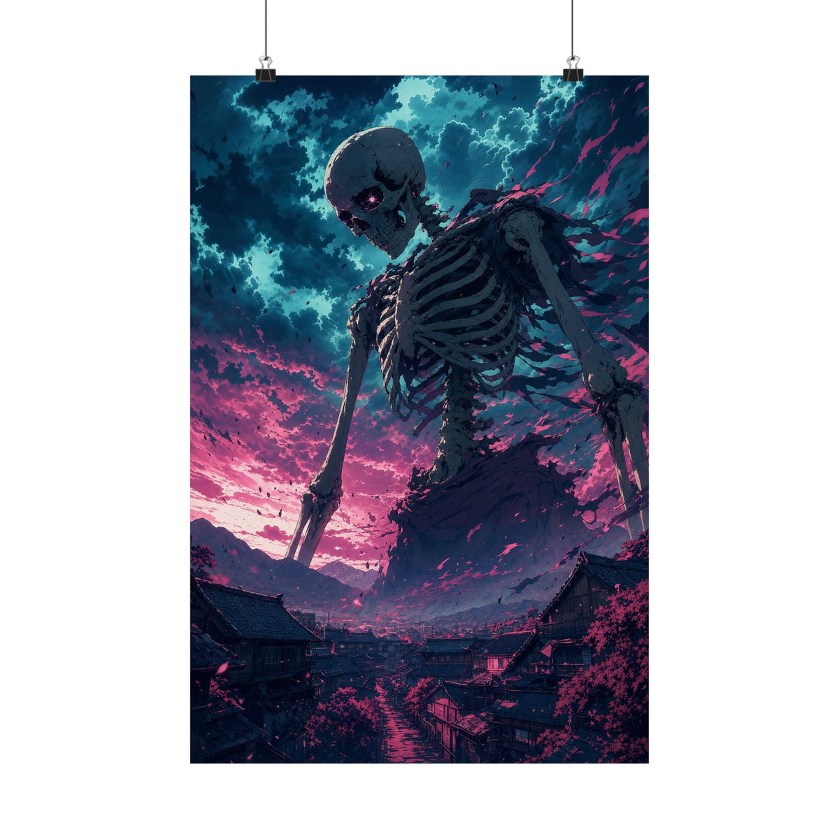 Giant Skeleton Looming Over Village - Anime Manga Art Print (Matte Poster) - Moikas