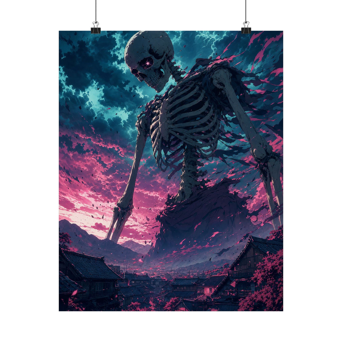 Giant Skeleton Looming Over Village - Anime Manga Art Print (Matte Poster) - Moikas