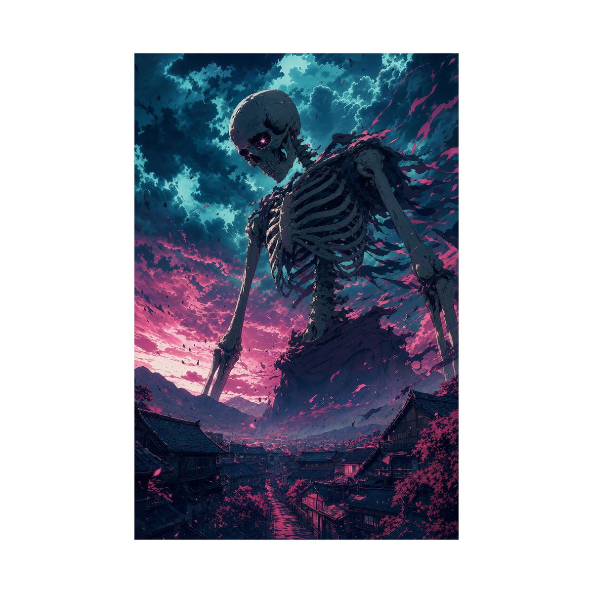 Giant Skeleton Looming Over Village - Anime Manga Art Print (Matte Poster) - Moikas