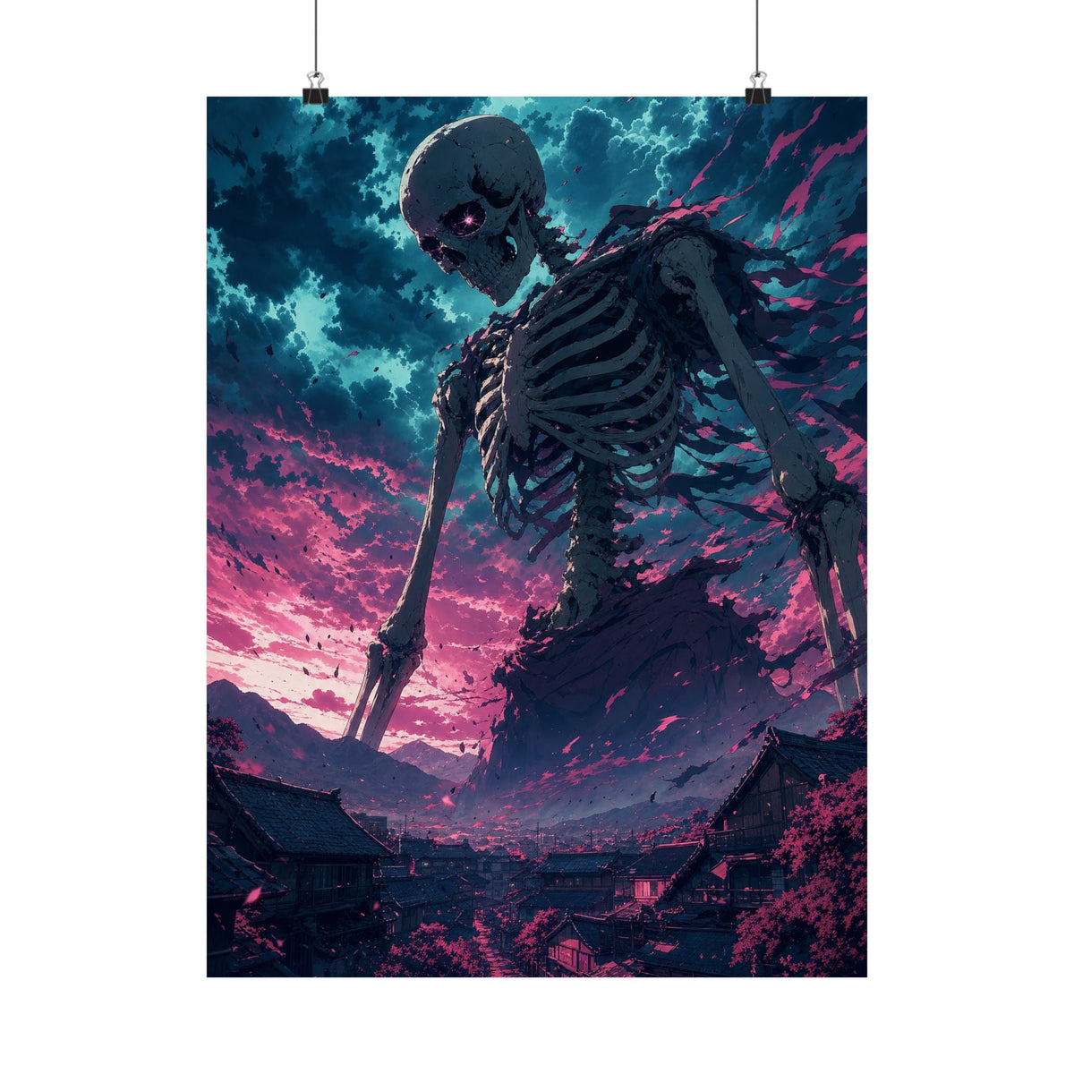 Giant Skeleton Looming Over Village - Anime Manga Art Print (Matte Poster) - Moikas