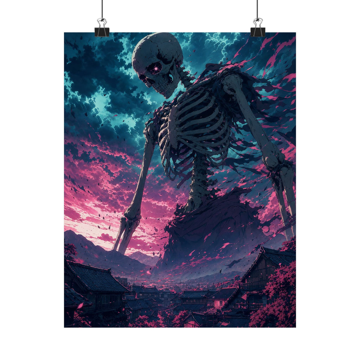 Giant Skeleton Looming Over Village - Anime Manga Art Print (Matte Poster) - Moikas