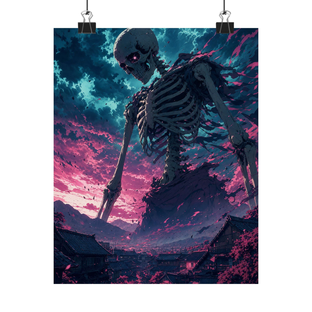 Giant Skeleton Looming Over Village - Anime Manga Art Print (Matte Poster) - Moikas