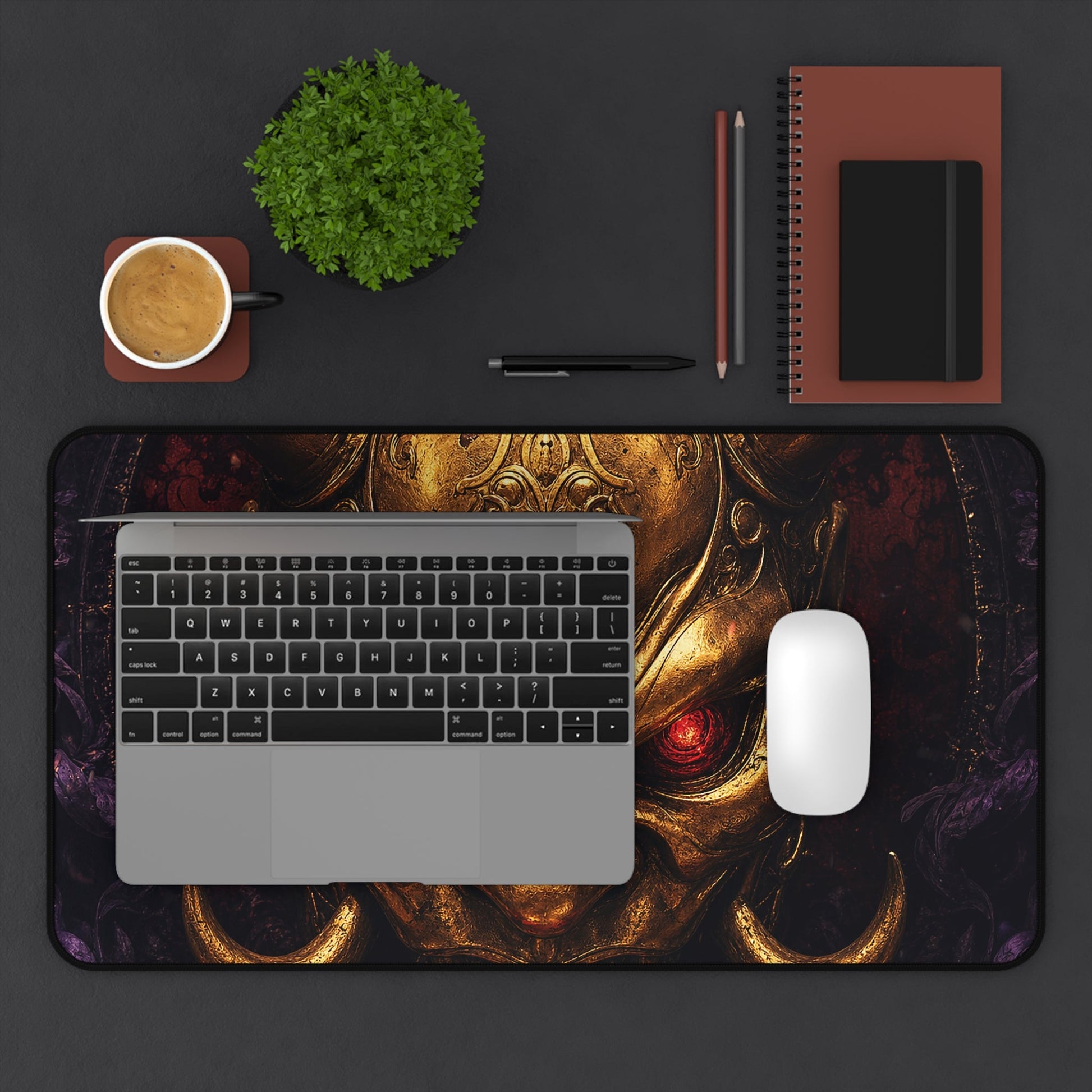 Golden Oni Mask With Ruby Eyes - Sudoni Brand Gaming Desk Mat - Moikas