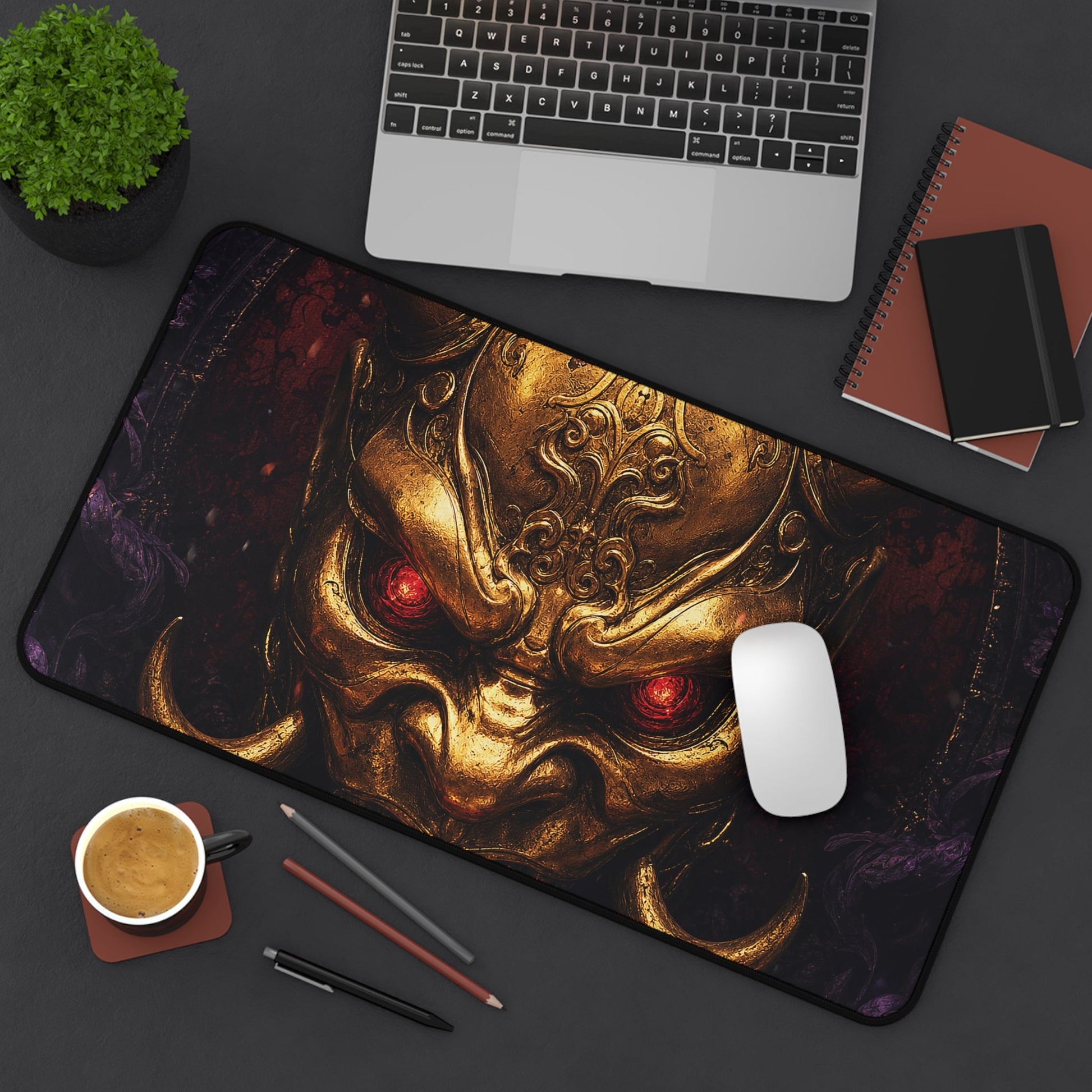 Golden Oni Mask With Ruby Eyes - Sudoni Brand Gaming Desk Mat - Moikas