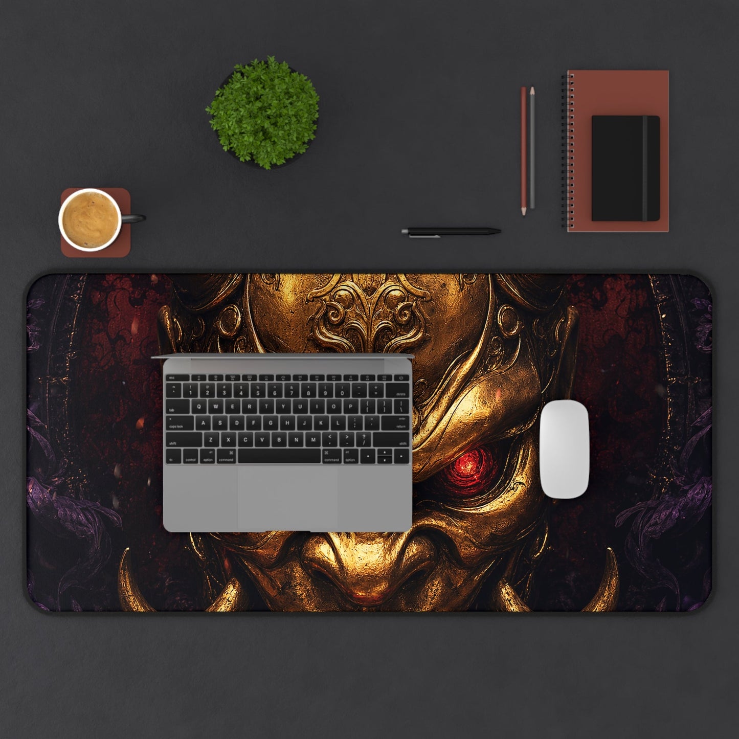 Golden Oni Mask With Ruby Eyes - Sudoni Brand Gaming Desk Mat - Moikas