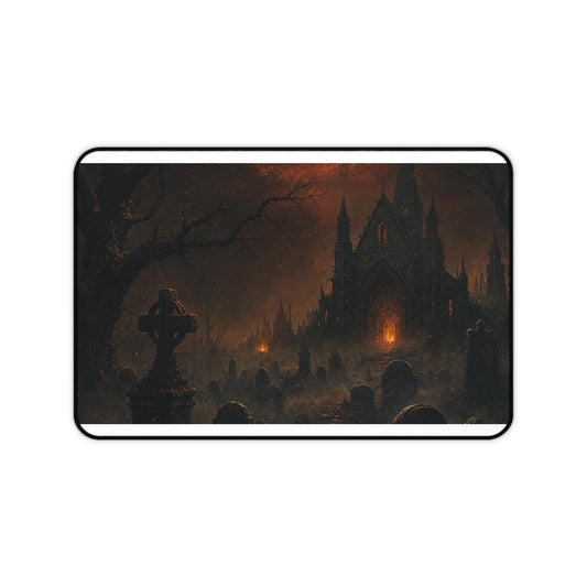 Haunted Graveyard Under Blood Moon - Dark Fantasy Gaming Desk Mat - Moikas