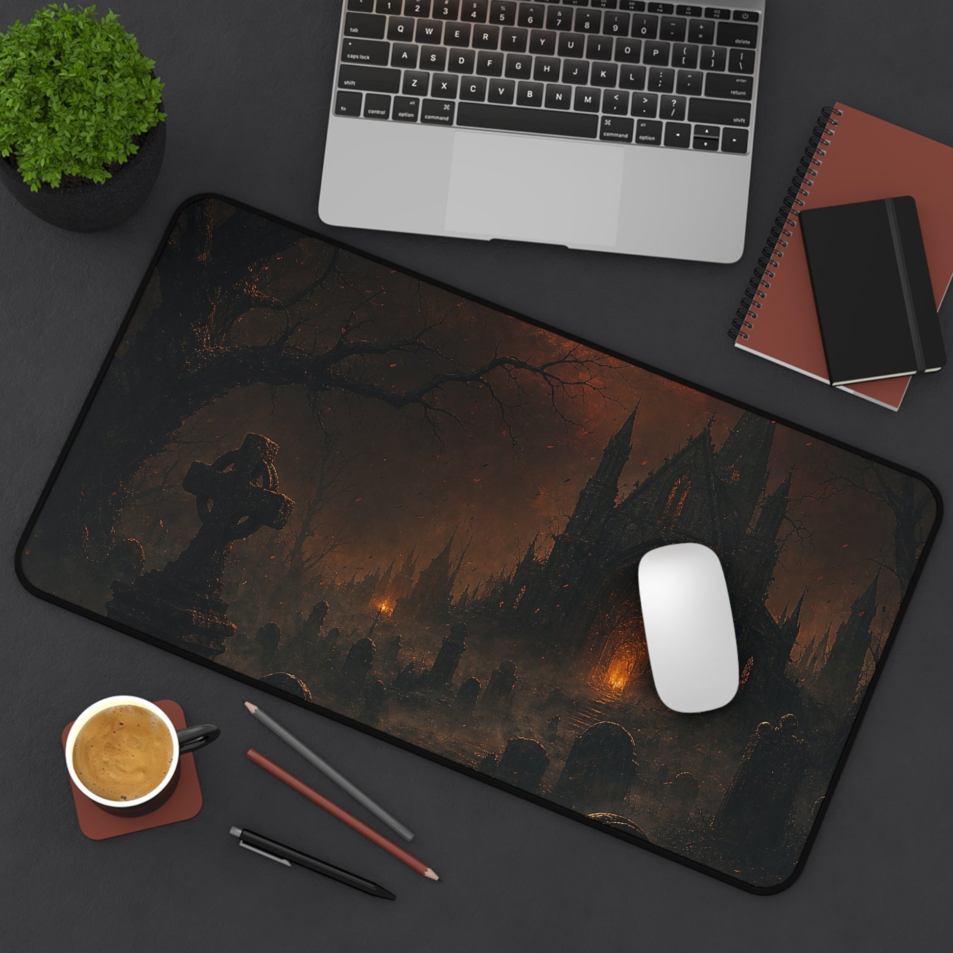 Haunted Graveyard Under Blood Moon - Dark Fantasy Gaming Desk Mat - Moikas
