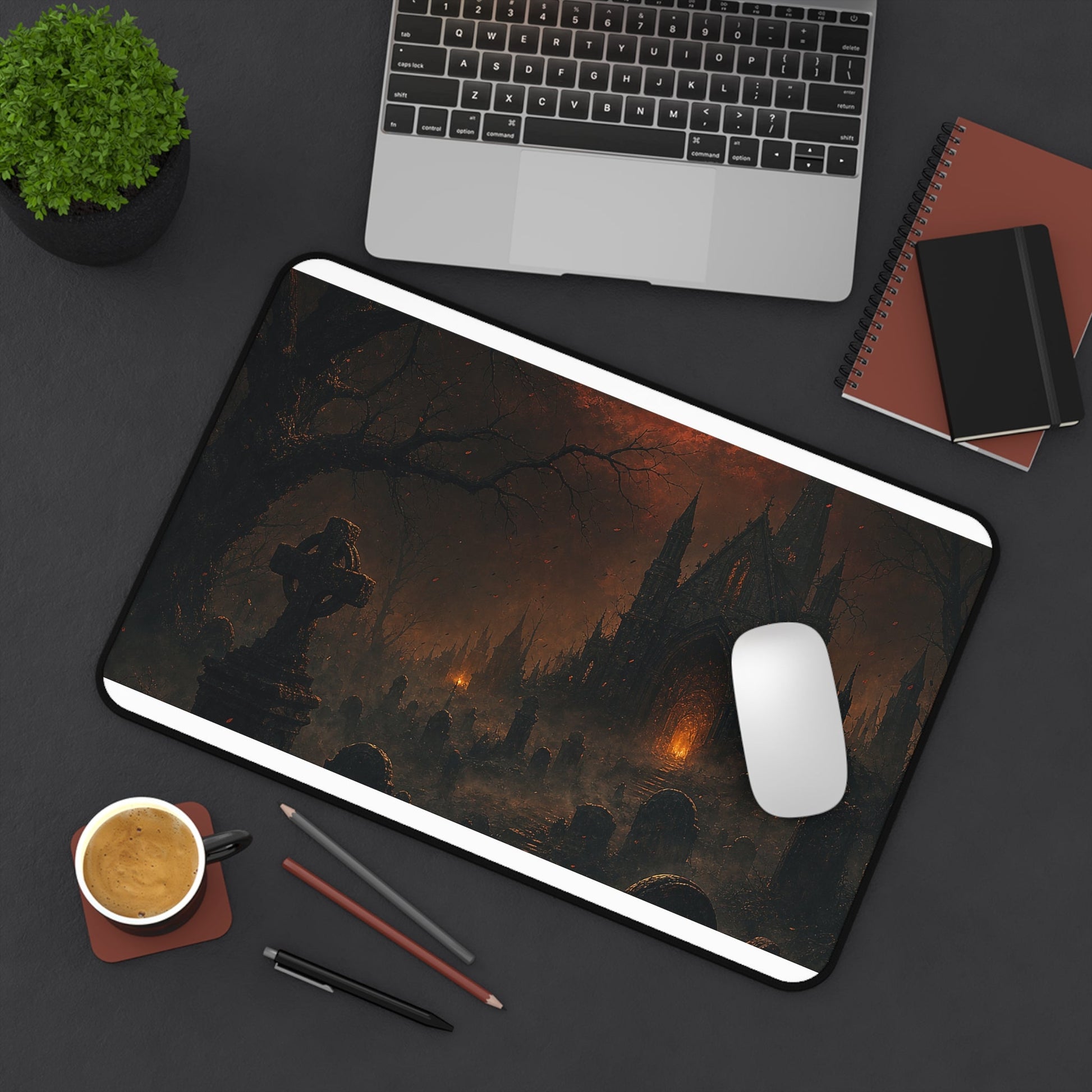 Haunted Graveyard Under Blood Moon - Dark Fantasy Gaming Desk Mat - Moikas