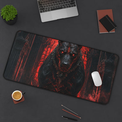 Hellhound Guarding Gateway - Dark Fantasy Gaming Desk Mat - Moikas