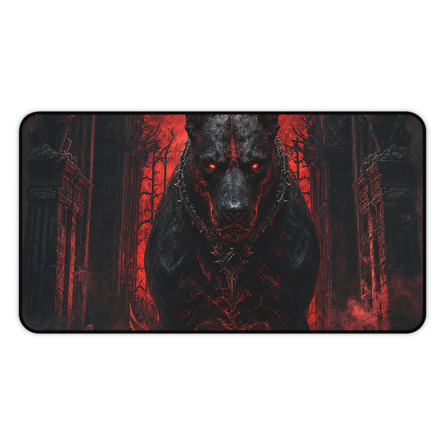 Hellhound Guarding Gateway - Dark Fantasy Gaming Desk Mat - Moikas