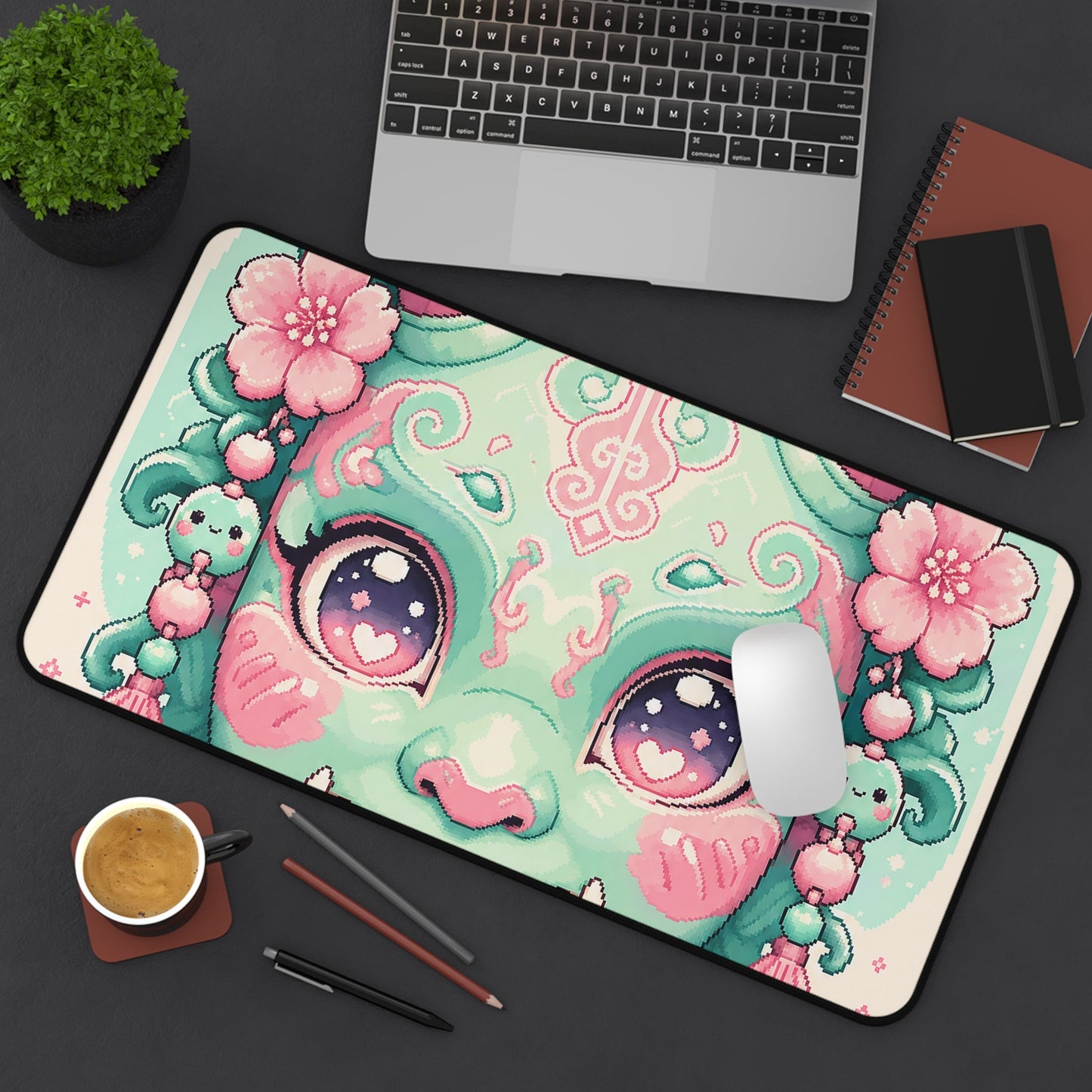 Kawaii Oni Mask With Big Eyes - Kawaii Gaming Gaming Desk Mat - Moikas