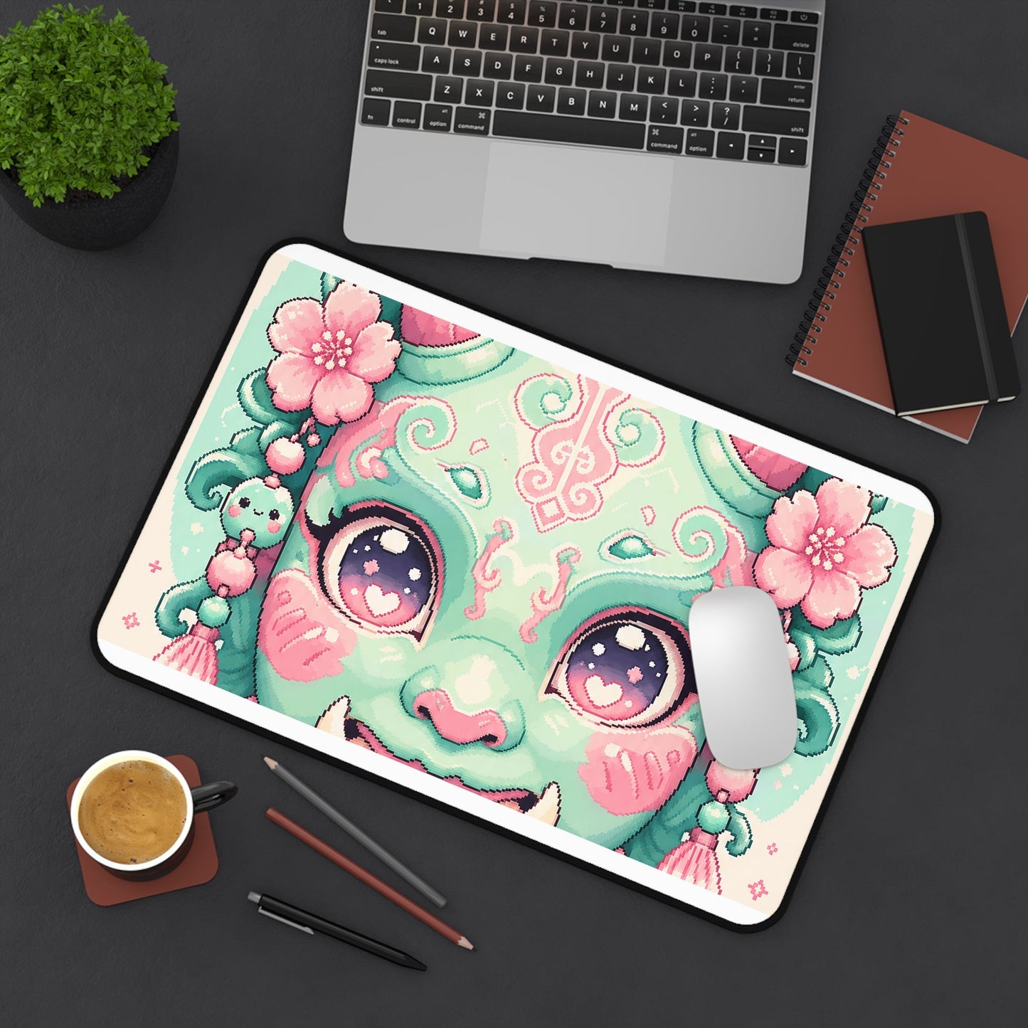 Kawaii Oni Mask With Big Eyes - Kawaii Gaming Gaming Desk Mat - Moikas