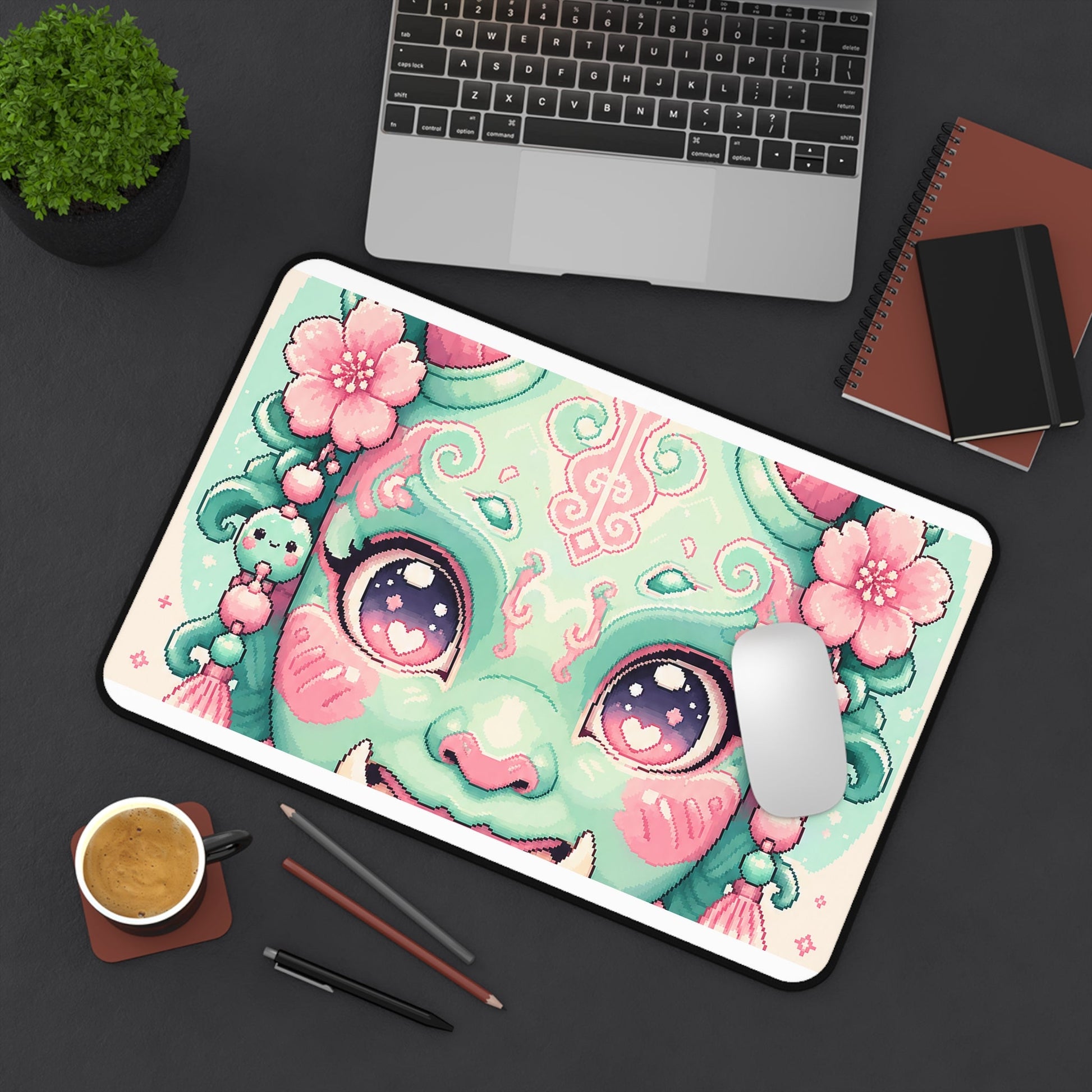 Kawaii Oni Mask With Big Eyes - Kawaii Gaming Gaming Desk Mat - Moikas