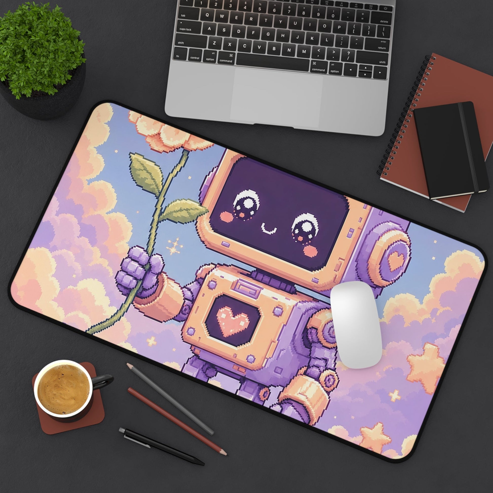 Kawaii Robot With Flower - Kawaii Gaming Gaming Desk Mat - Moikas