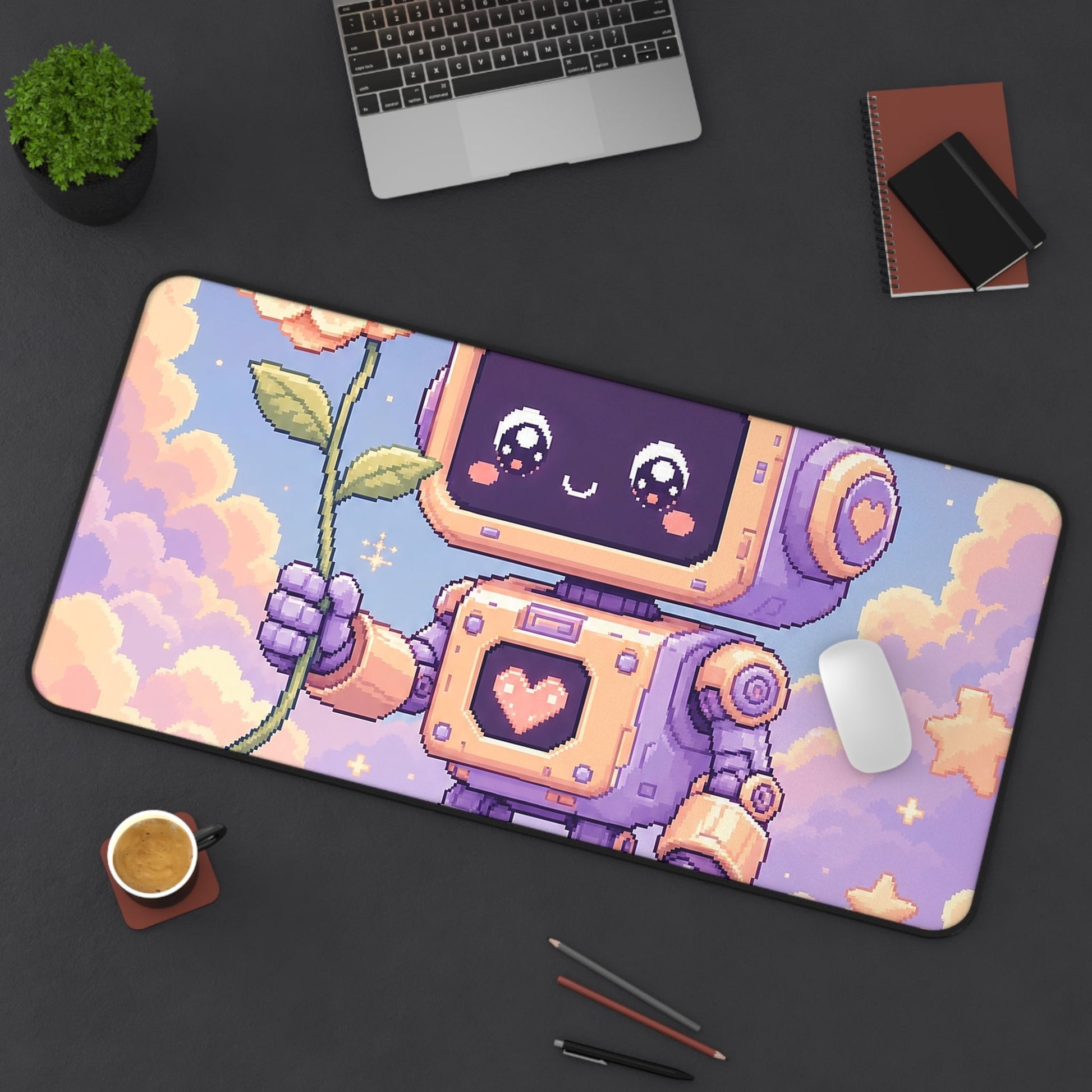 Kawaii Robot With Flower - Kawaii Gaming Gaming Desk Mat - Moikas