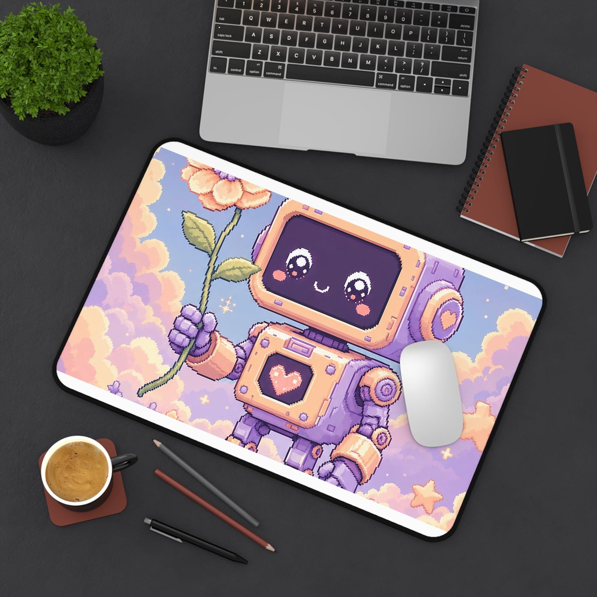 Kawaii Robot With Flower - Kawaii Gaming Gaming Desk Mat - Moikas