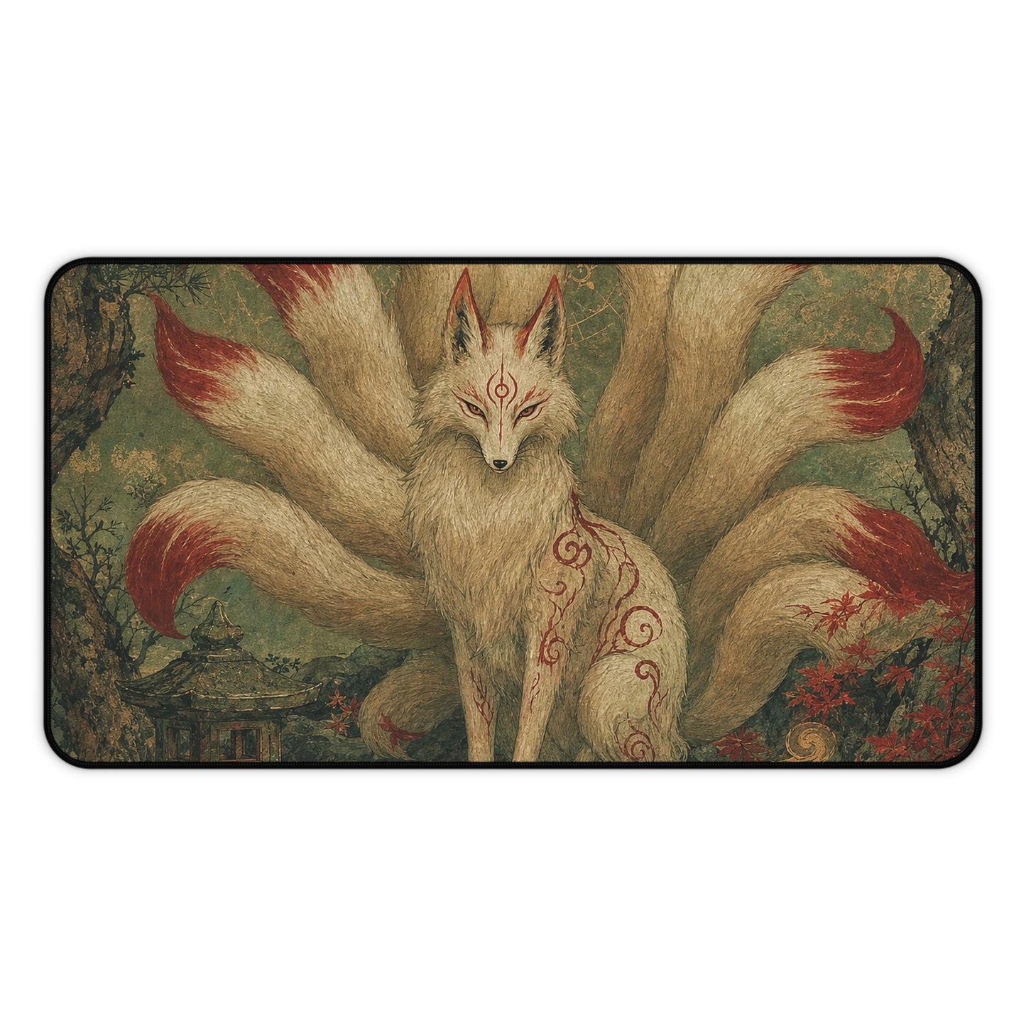 Kitsune With Nine Tails In Forest - Japanese Mythology Gaming Desk Mat - Moikas