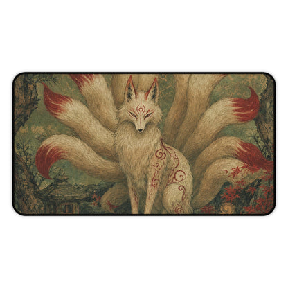 Kitsune With Nine Tails In Forest - Japanese Mythology Gaming Desk Mat - Moikas