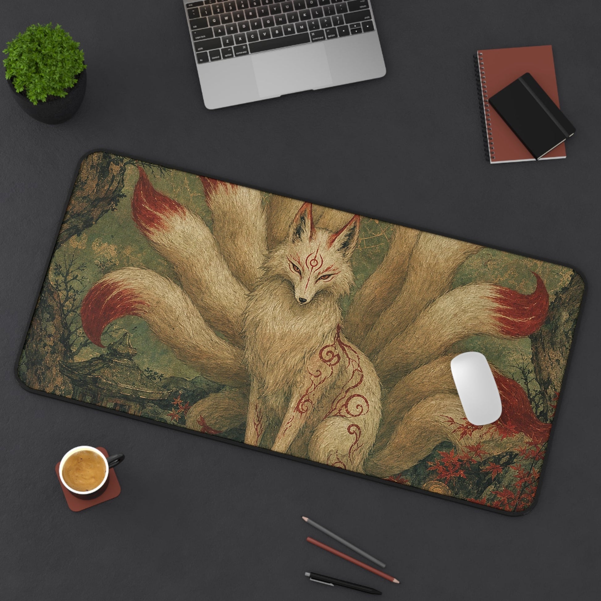 Kitsune With Nine Tails In Forest - Japanese Mythology Gaming Desk Mat - Moikas