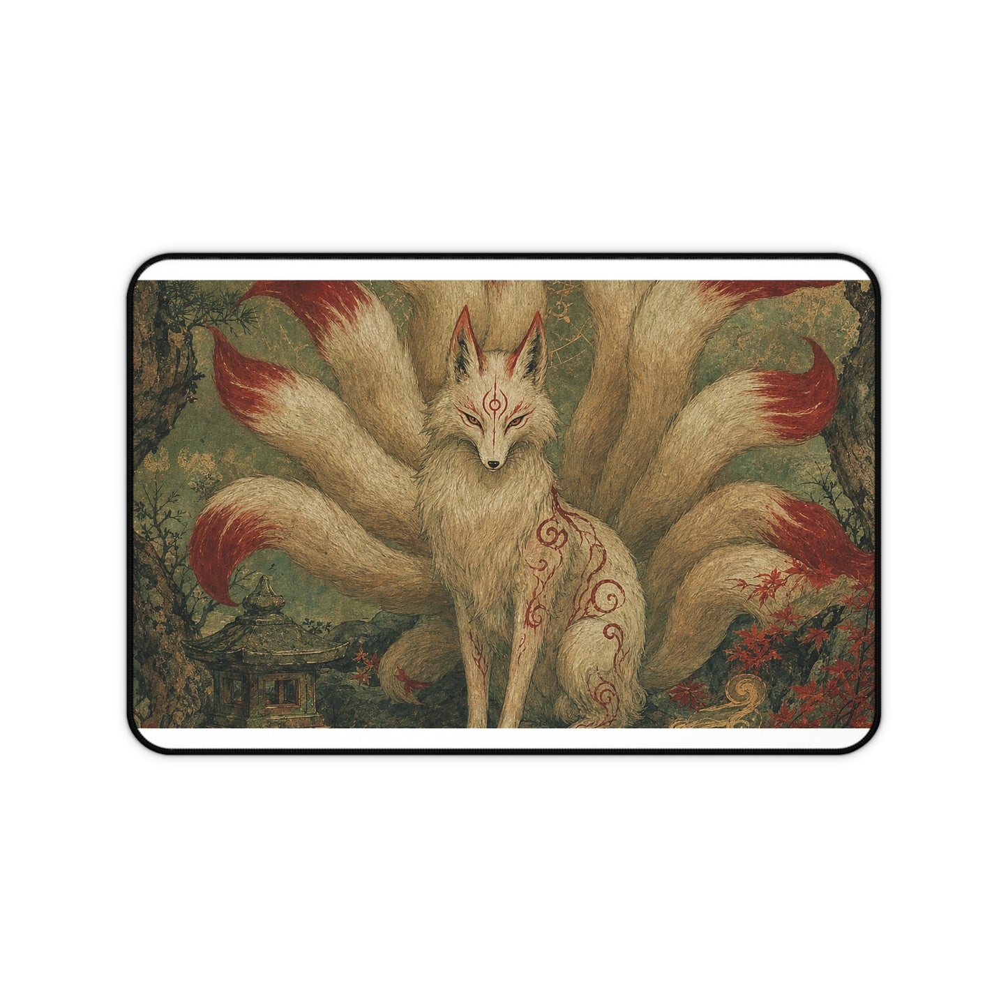 Kitsune With Nine Tails In Forest - Japanese Mythology Gaming Desk Mat - Moikas