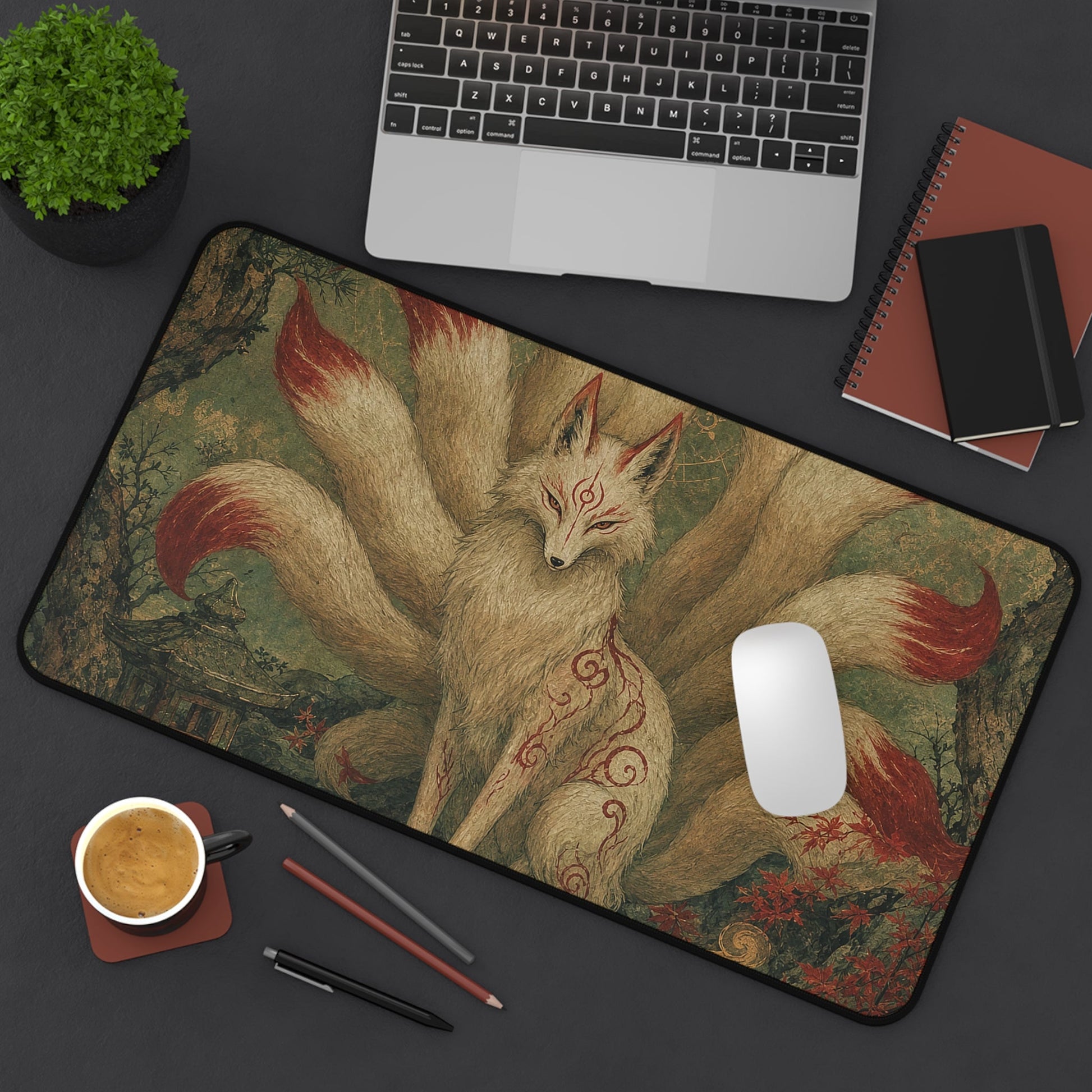 Kitsune With Nine Tails In Forest - Japanese Mythology Gaming Desk Mat - Moikas