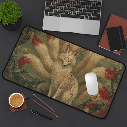 Kitsune With Nine Tails In Forest - Japanese Mythology Gaming Desk Mat - Moikas