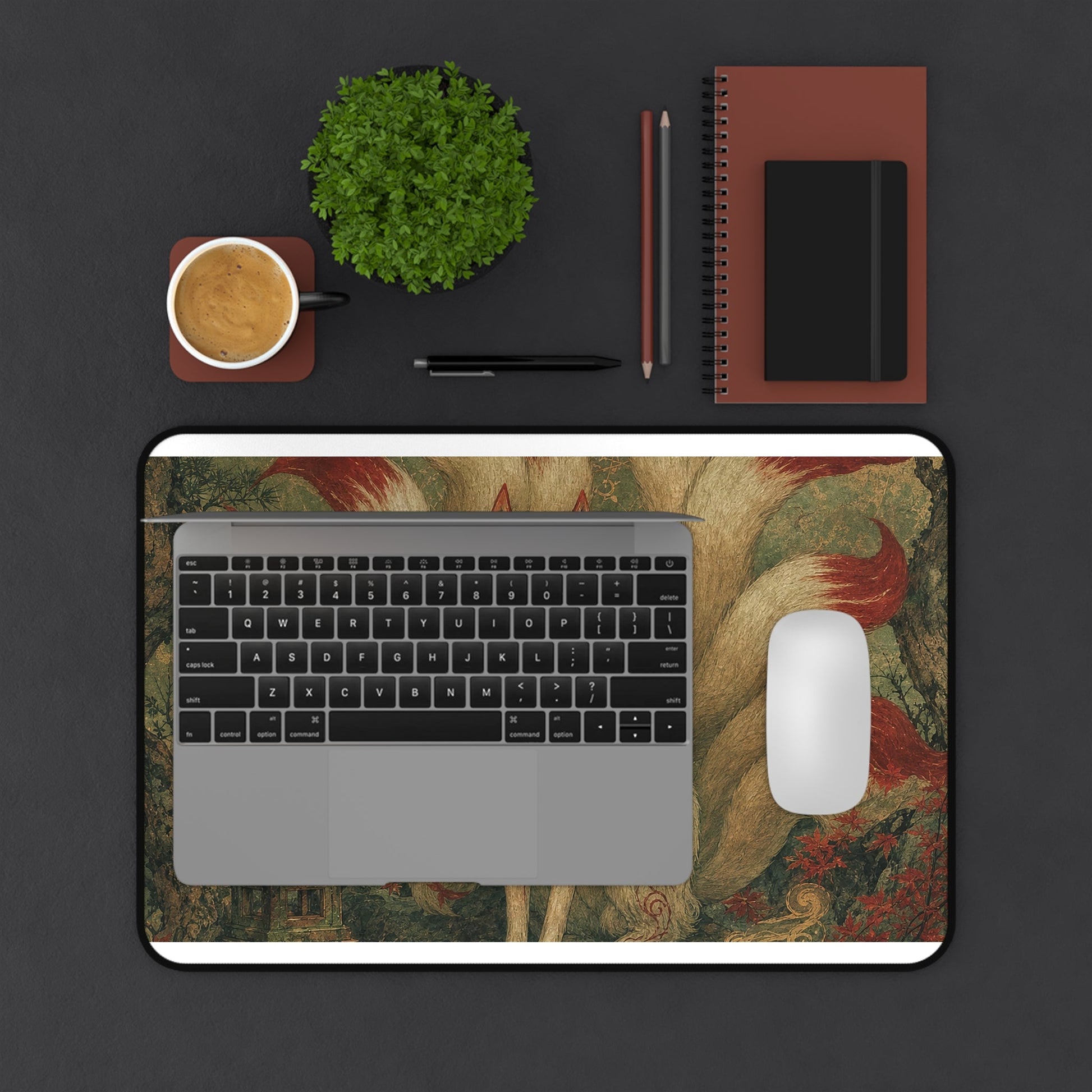 Kitsune With Nine Tails In Forest - Japanese Mythology Gaming Desk Mat - Moikas