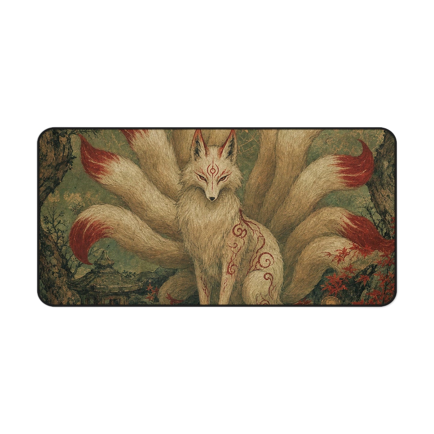Kitsune With Nine Tails In Forest - Japanese Mythology Gaming Desk Mat - Moikas
