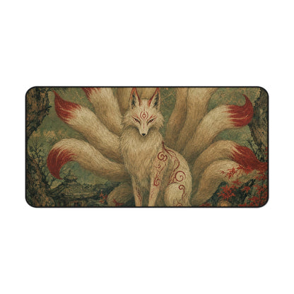 Kitsune With Nine Tails In Forest - Japanese Mythology Gaming Desk Mat - Moikas