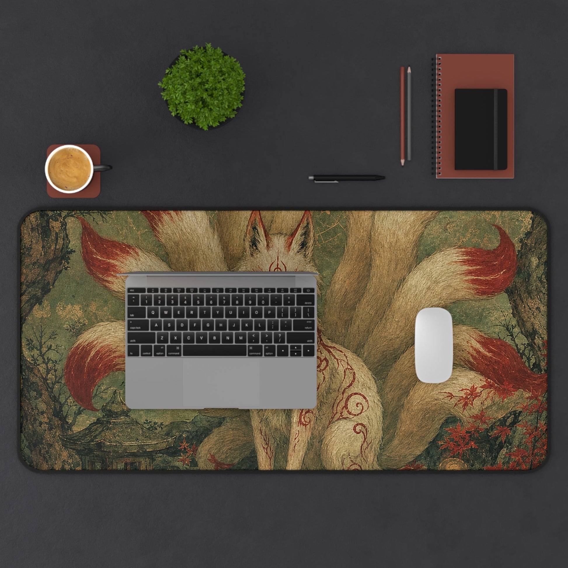 Kitsune With Nine Tails In Forest - Japanese Mythology Gaming Desk Mat - Moikas