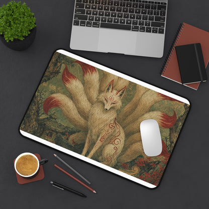 Kitsune With Nine Tails In Forest - Japanese Mythology Gaming Desk Mat - Moikas