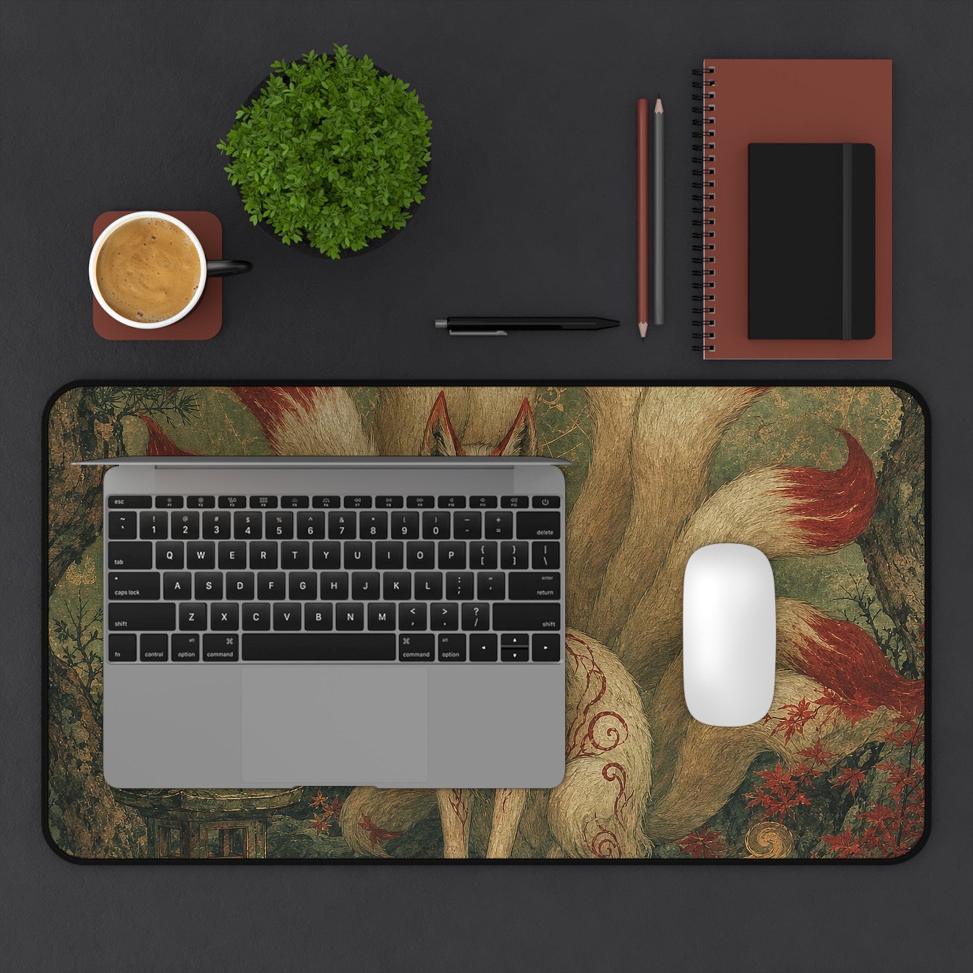Kitsune With Nine Tails In Forest - Japanese Mythology Gaming Desk Mat - Moikas