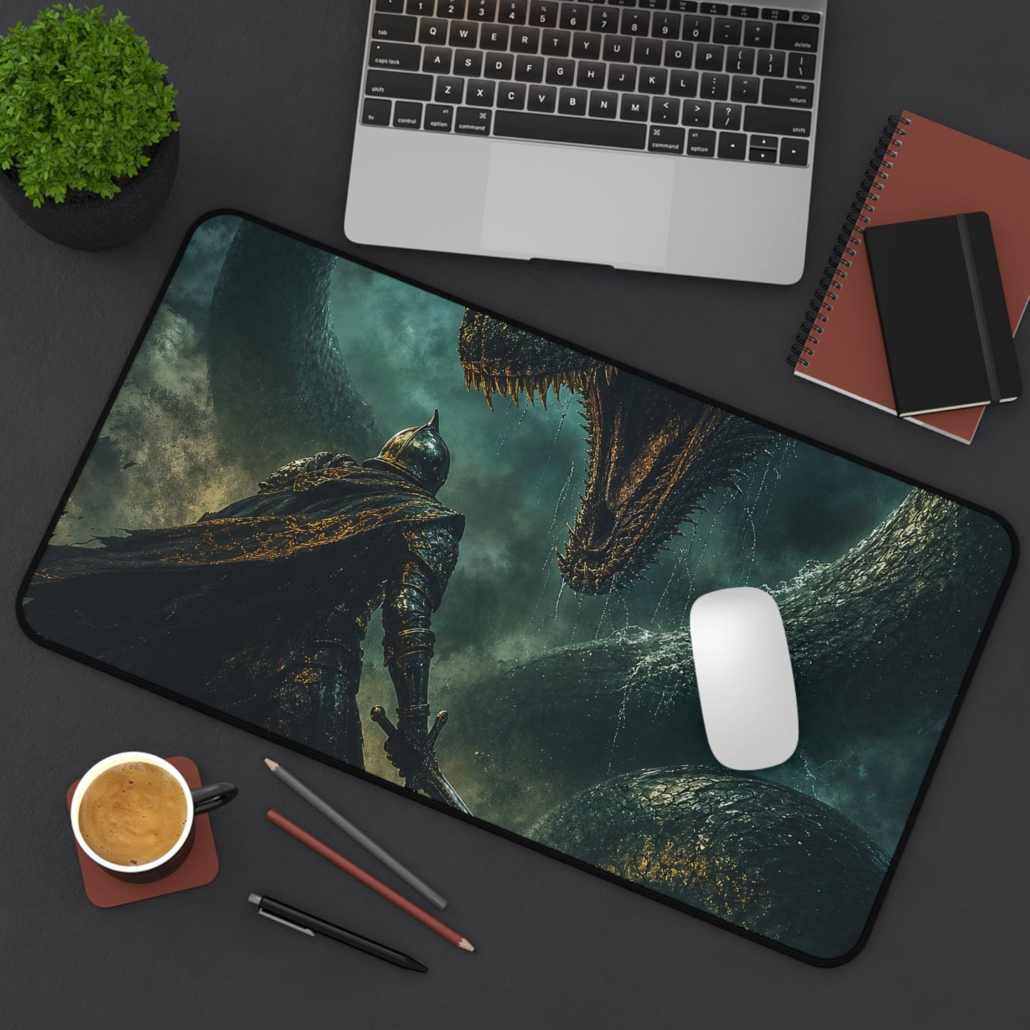 Knight Fighting Seserpent - Dark Fantasy Gaming Desk Mat - Moikas