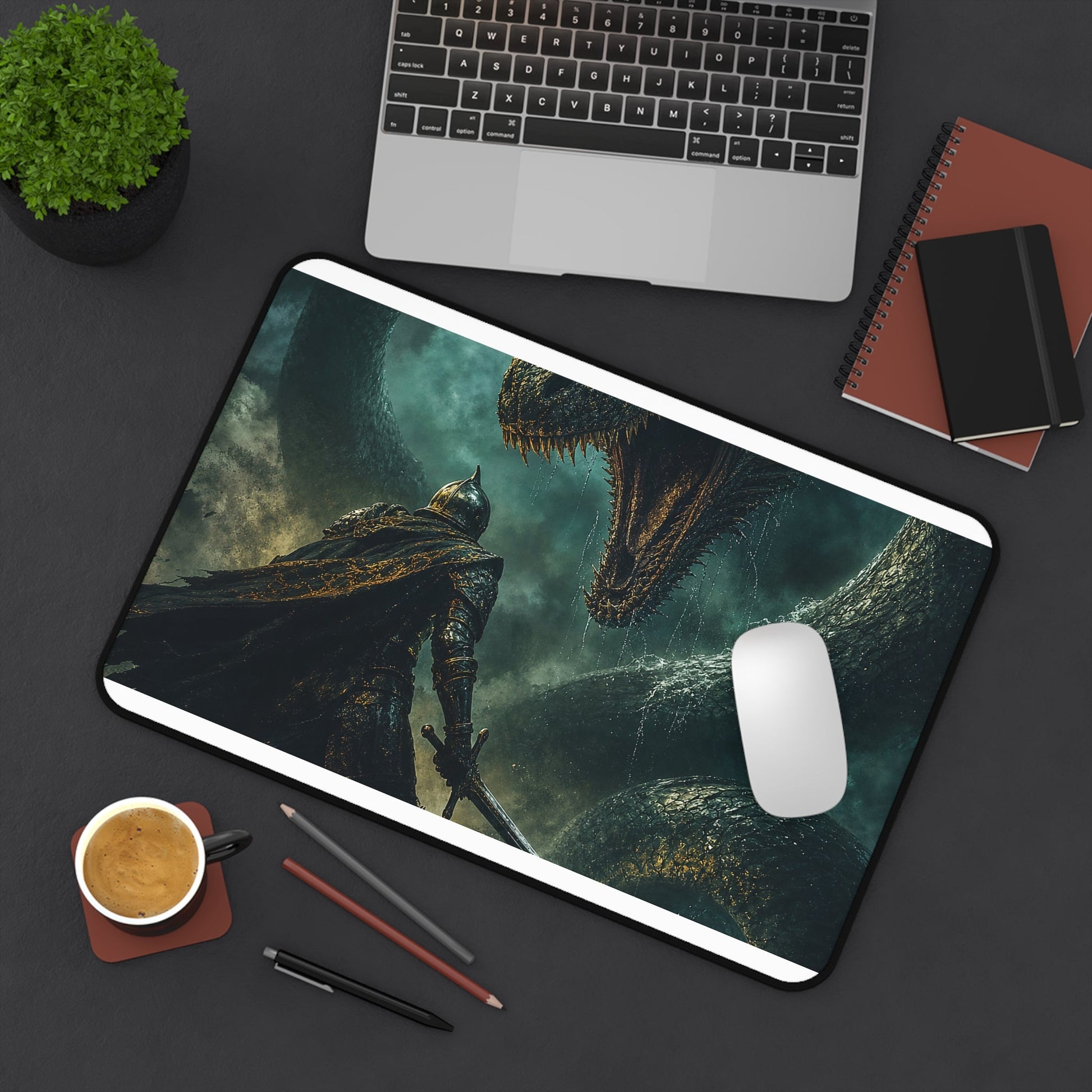 Knight Fighting Seserpent - Dark Fantasy Gaming Desk Mat - Moikas