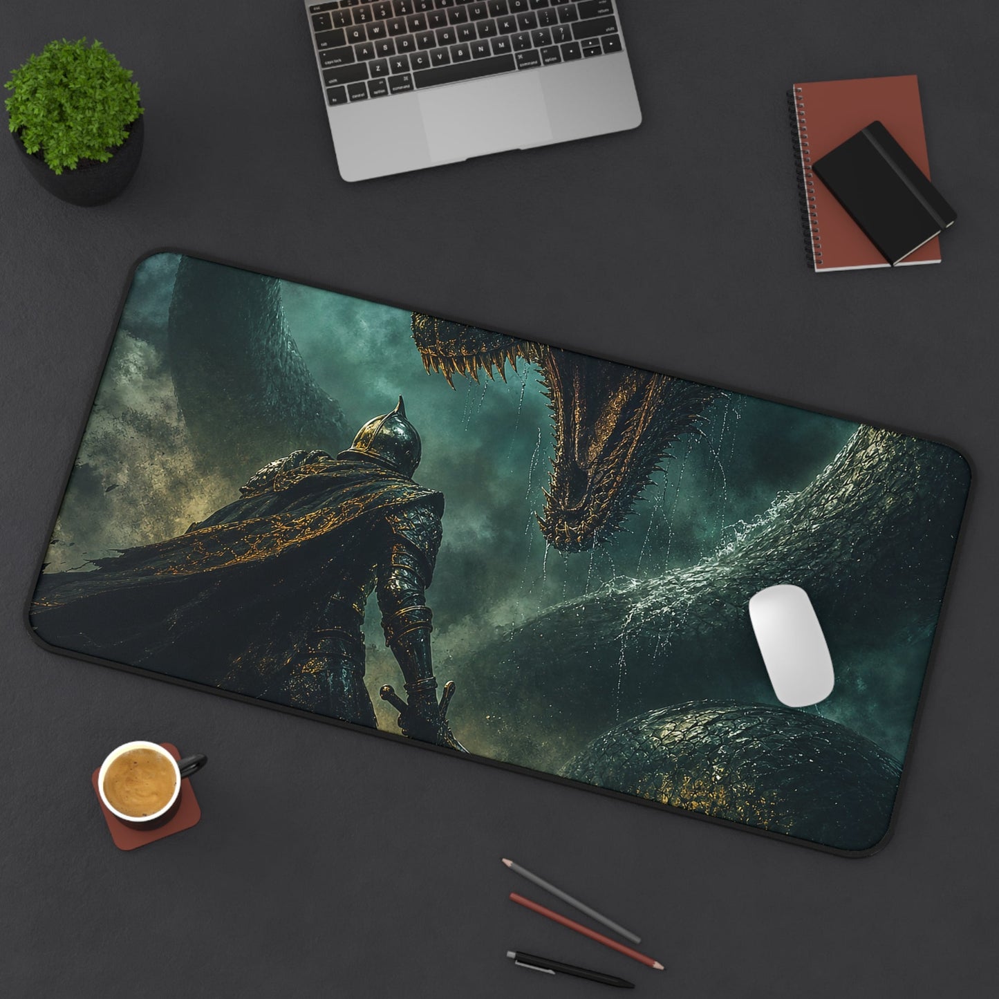 Knight Fighting Seserpent - Dark Fantasy Gaming Desk Mat - Moikas