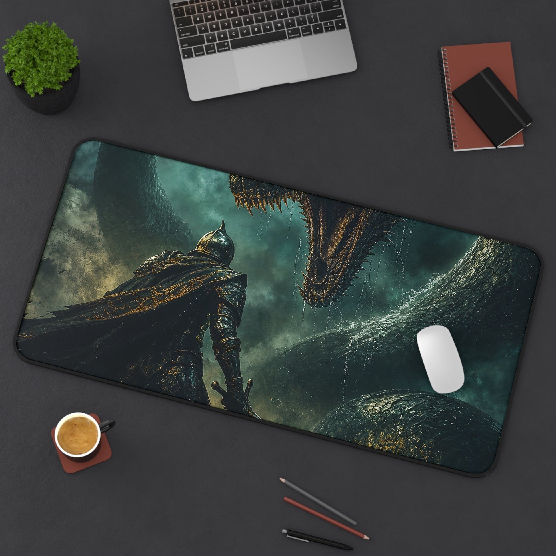 Knight Fighting Seserpent - Dark Fantasy Gaming Desk Mat - Moikas
