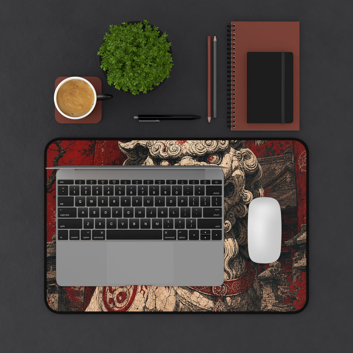 Komainu Guarding Shrine Gate - Japanese Mythology Gaming Desk Mat - Moikas