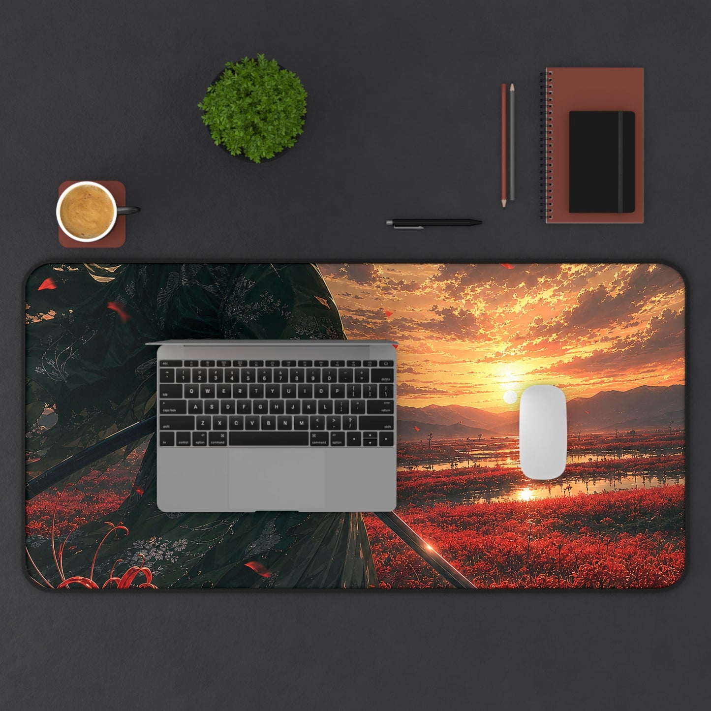Lone Samurai And Field Of Red Spider Lilies - Anime Manga Gaming Desk Mat - Moikas