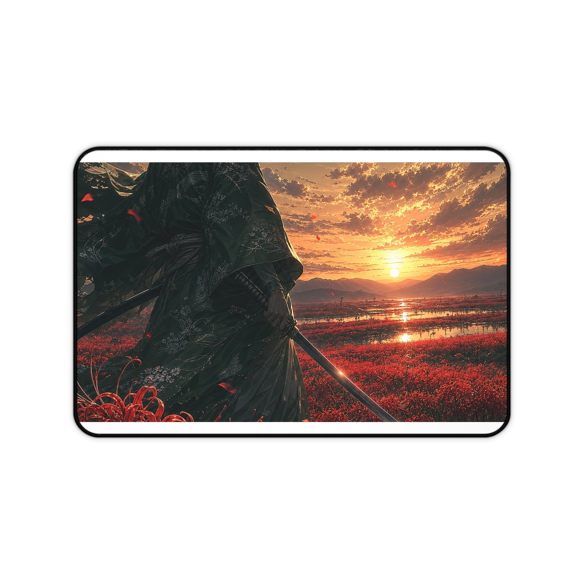 Lone Samurai And Field Of Red Spider Lilies - Anime Manga Gaming Desk Mat - Moikas