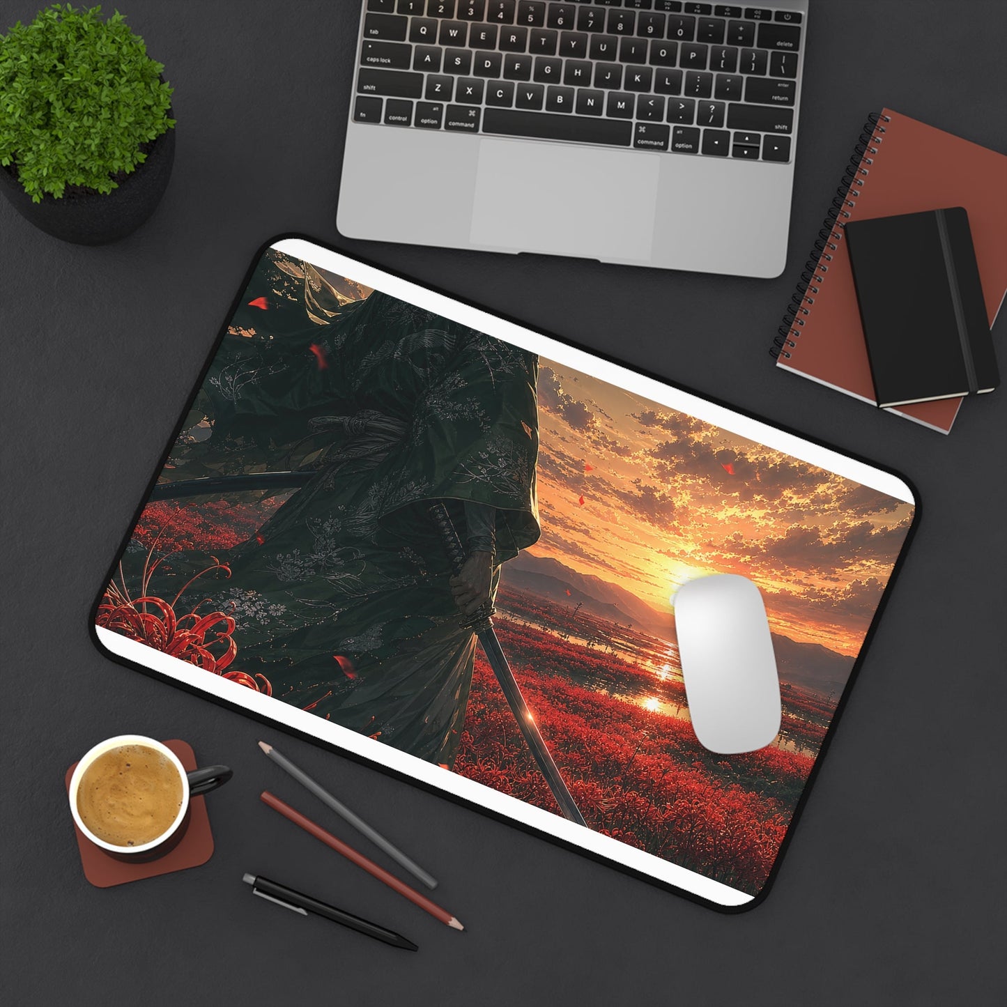 Lone Samurai And Field Of Red Spider Lilies - Anime Manga Gaming Desk Mat - Moikas