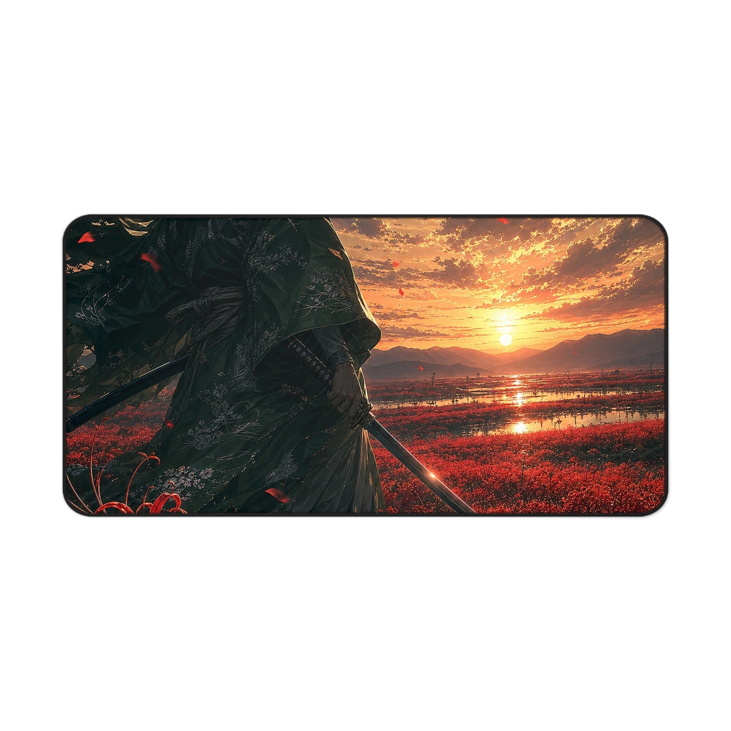 Lone Samurai And Field Of Red Spider Lilies - Anime Manga Gaming Desk Mat - Moikas