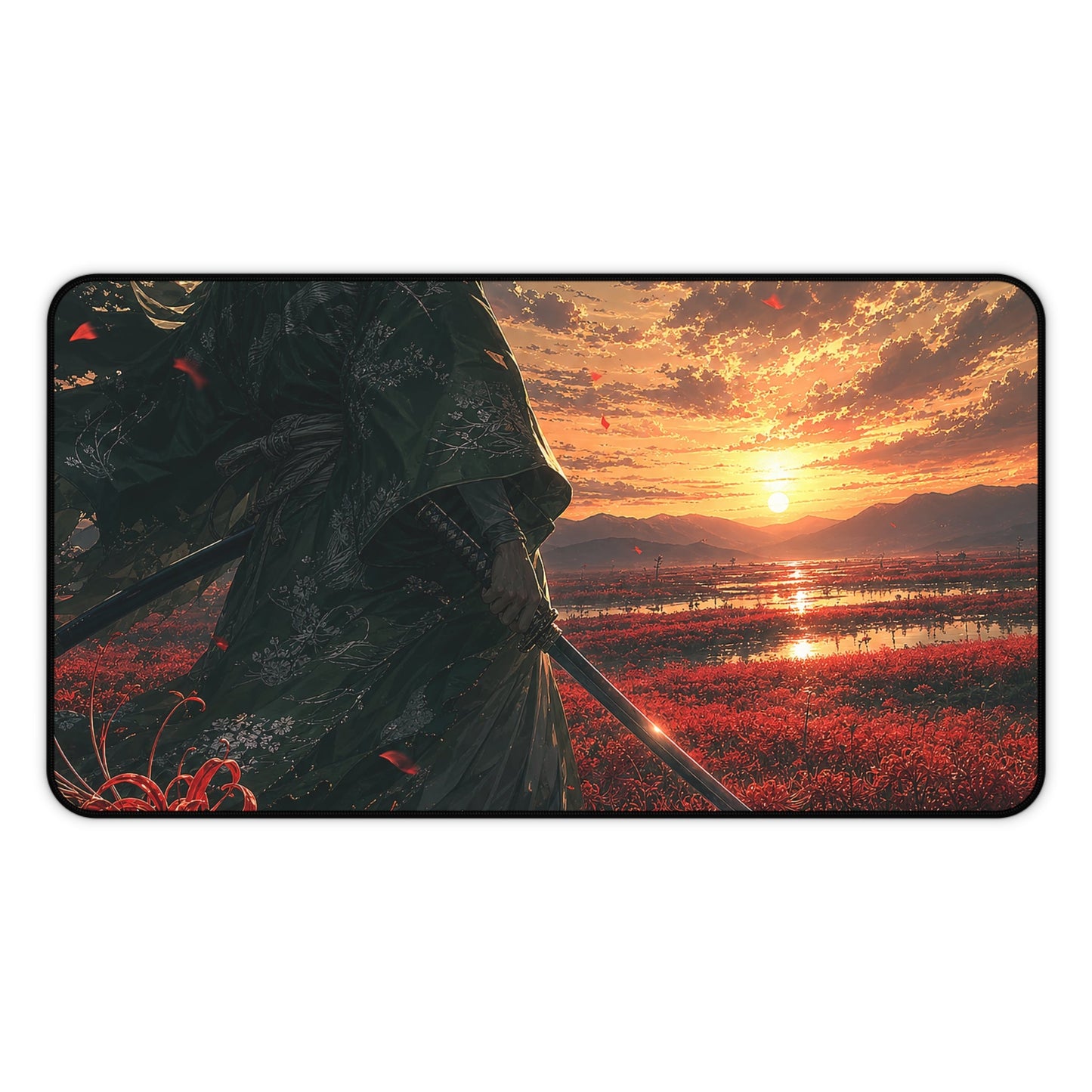 Lone Samurai And Field Of Red Spider Lilies - Anime Manga Gaming Desk Mat - Moikas