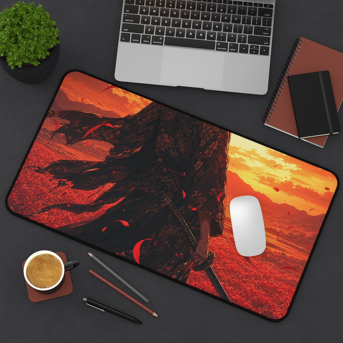 Lone Samurai And Red Spider Lilies - Anime Manga Gaming Desk Mat - Moikas