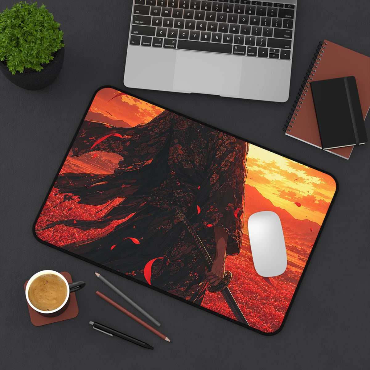 Lone Samurai And Red Spider Lilies - Anime Manga Gaming Desk Mat - Moikas