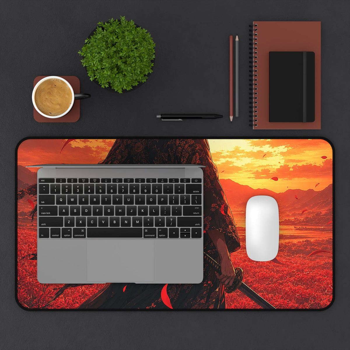 Lone Samurai And Red Spider Lilies - Anime Manga Gaming Desk Mat - Moikas