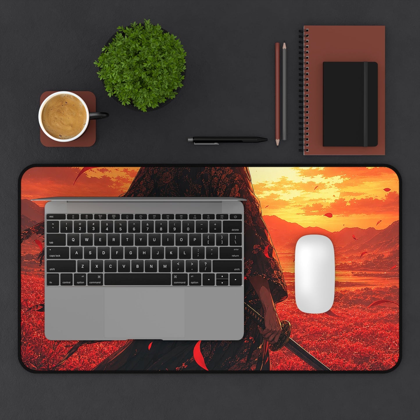 Lone Samurai And Red Spider Lilies - Anime Manga Gaming Desk Mat - Moikas
