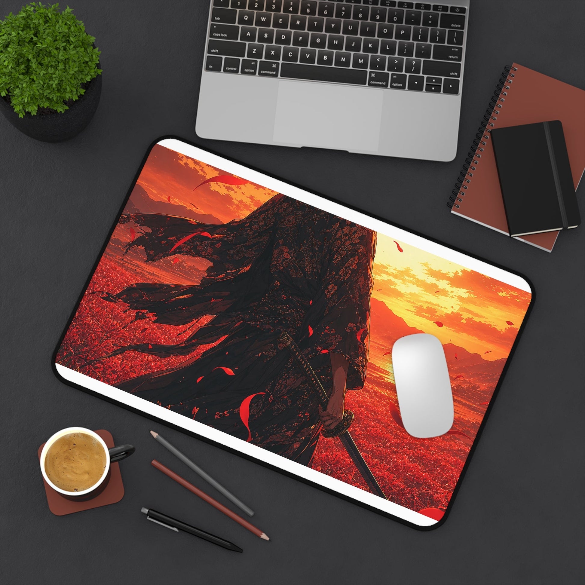 Lone Samurai And Red Spider Lilies - Anime Manga Gaming Desk Mat - Moikas