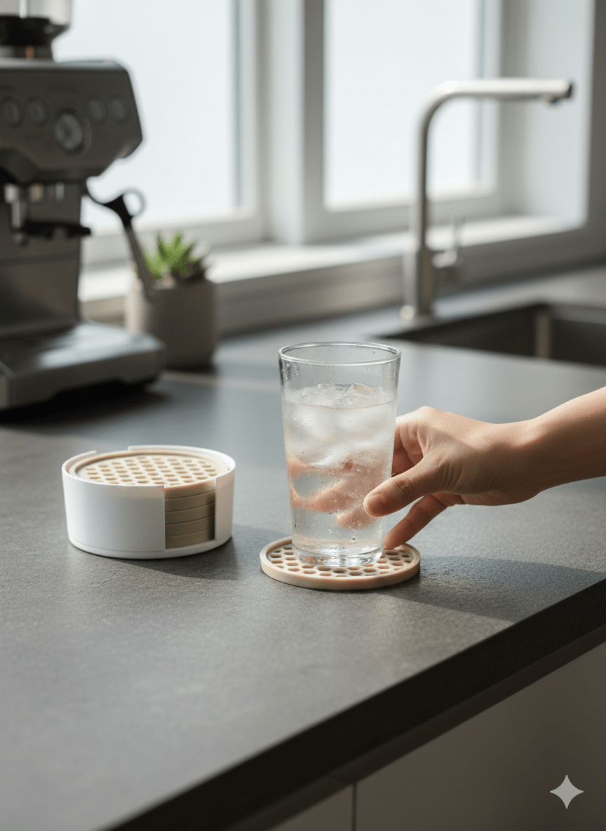 Modern Honeycomb Coaster Set with Holder - 3D Printed Geometric Decor - Moikas