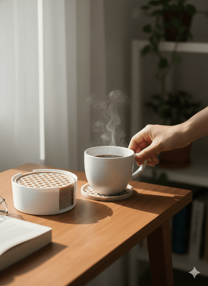 Modern Honeycomb Coaster Set with Holder - 3D Printed Geometric Decor - Moikas